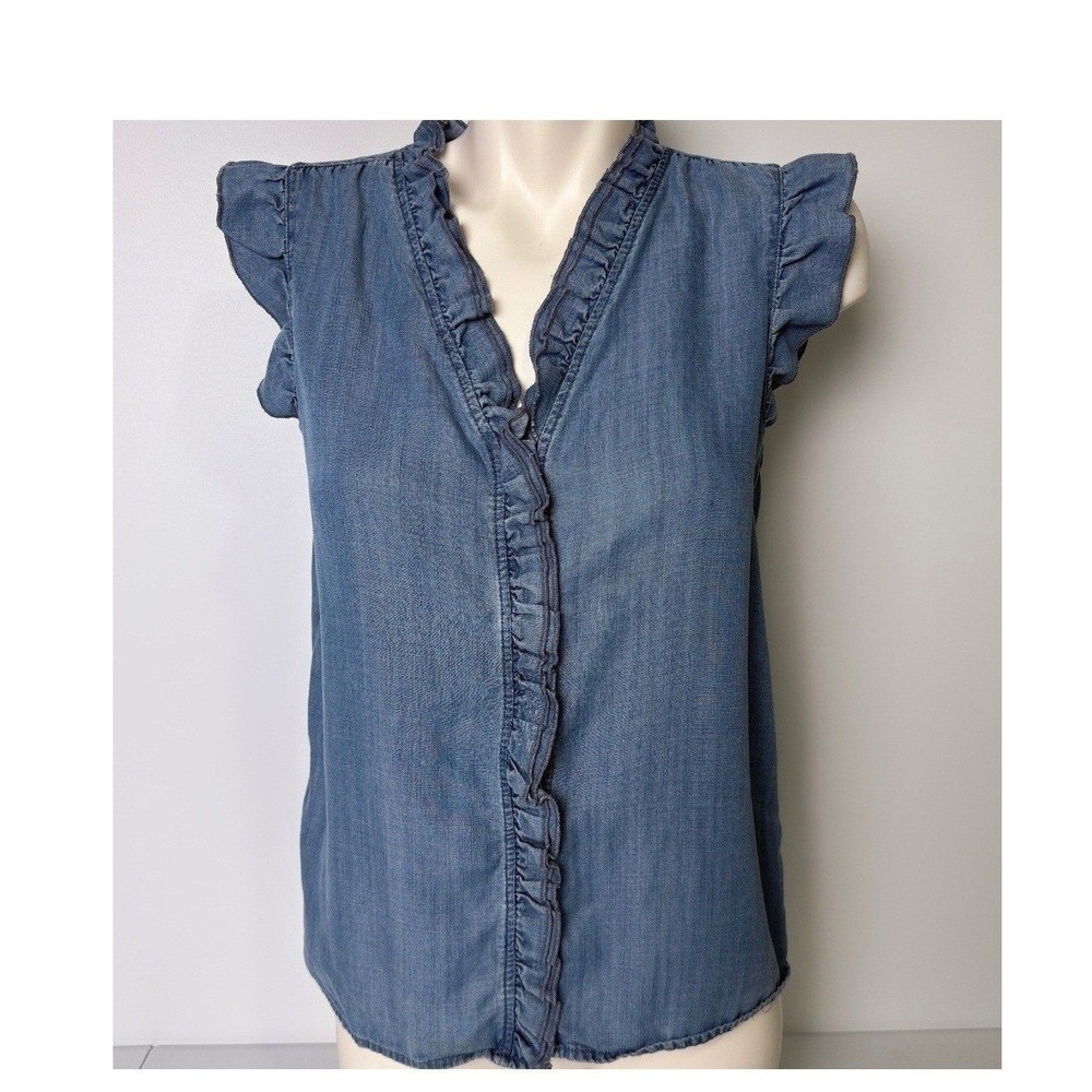 Saks Fifth Avenue Blue Chambray Ruffle Trim Sleeveless V-Neck Top S